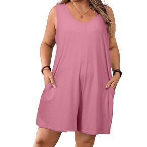 Eytino Womens Plus Size Jumpsuits Crew Neck Casual Sleeveless Solid Short Rompers with Pockets (1X-5X)