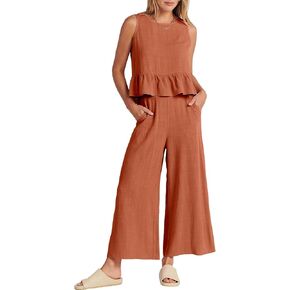 ANRABESS Women Summer 2 Piece Outfits Sleeveless Tank Crop Top Wide Leg Pants Linen Jumpsuits Lounge Matching Beach Sets