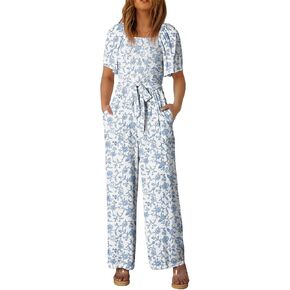 Happy Sailed Womens Summer Jumpsuits Floral Printed Short Sleeve High Waisted Pockets Wide Leg Rompers Beach Vacation Outfits