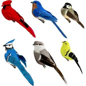 6pcs Artificial Realistic Birds Feathered Song Bird Clip on Ornaments Figures for Crafts Spring Christmas Tree Garden Decoration, Assorted Colors