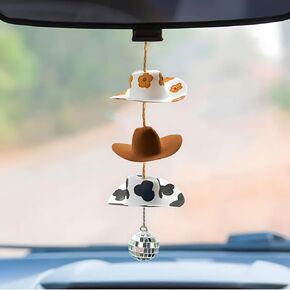 Western Cowboy Hat Cow Print Sunflower Car Mirror Hanging Accessories Cute Car Decor for Women Country Charm Rear View Mirror,Handcrafted Felt Miniature Pendant Accessory Gift (Classic)