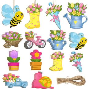 40 Pcs Spring Flower Butterfly Ornaments Decoration 20 Styles Wood Flower Butterfly Cutouts Ornament for Home Crafts Hanging Summer Birthday Wedding Party Decorations