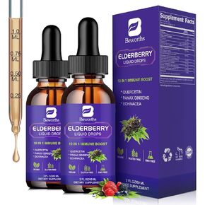 2 Pack Elderberry Syrup, Black Elderberry Drops with Quercetin, Panax Ginseng, Vitamin C and Zinc, Sambucus Elderberry Syrup Liquid for Immune Support, Vegan, Non-GMO & Gluten Free
