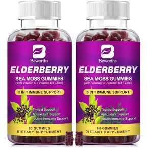 (2 Pack Elderberry Gummies & Irish Sea Moss, Organic Sambucus Elderberry Gummy with Seamoss, Zinc, Vitamin C, D3, Multivitamin Elderberry Vitamins - Sugar-Free