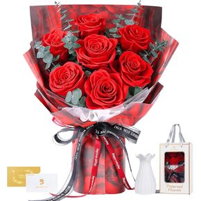 باقة الزهور المحفوظة 7 الورود - RED Real Rose & Flowers للتسليم ، زهرة طويلة الأمد مع صندوق الهدايا ، باقة الورود الأبدية للأمهات والأم والزوجة والذكرى عيد ميلاد للنساء