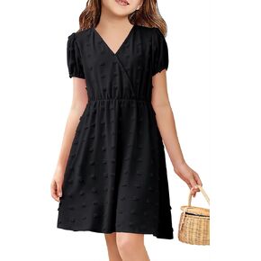 NHDBCUF Girls' Swiss Dot Dress Kids Casual Babydoll V-Neck Flowy A Line Party Swing Mini Dresses for 5-14 Years