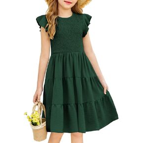 Arshiner Girls Dress Summer Ruffle Sleeve Smocked Tiered Casual Party Sundress with Pockets