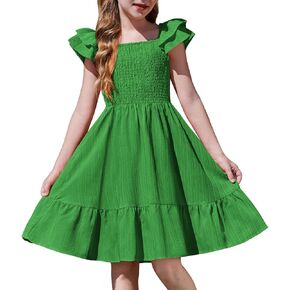 Arshiner Girls Dresses Double Pleated Sleeve Square Neck Off Shoulder with Pockets Tween Sundress Size 5-16