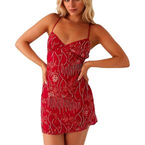 Women Sequin Sparkly Rhinestone Mini Dress Sleeveless Backless Deep V Neck Glitter Short Cami Dress Party Clubwear
