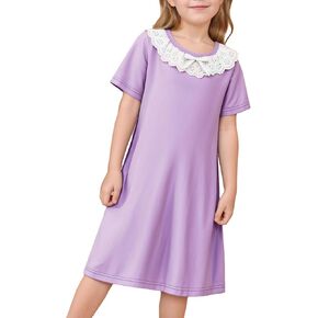 LQSZ Girls Nightgowns Floral Lace Short Sleeve Sleepwear Bow Tie Victorian Princess Pajamas NightDress 3-12 Years