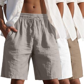 3 Pack Men's Cotton Linen 9" Inseam Shorts Drawstring Elastic Waist Beach Casual Summer Bermuda with Pockets