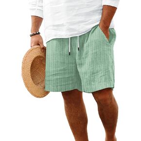 Mens Linen Shorts Casual Drawstring Elastic Waist Summer Beach Vacation Shorts with Pocket