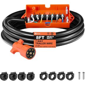 7 Way Trailer Plug Cord Wiring Tirnness مع صندوق الوصلات ، موصل الشق المزدوج المضاد للماء ، Control Light & Brake 7 كابل مقطورة مضمّن لـ RV Standard (8ft)