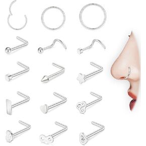 20g 316L Surgical Steel Nose Rings Hoop for Women Men,Hypoallergenic L Shape Nose Studs Corkscrew Studs Pack | Multi-Use Helix Cartilage Earrings Piercing 15Pcs