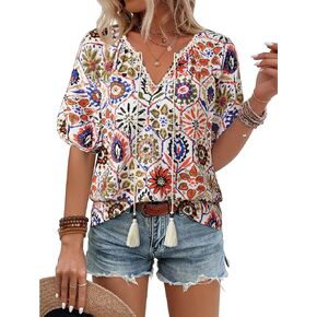 Vivilli Womens Summer Boho Tops Casual V Neck Short Sleeve Blouses Floral Print Shirt Tie Front Flowy Vacation Clothes