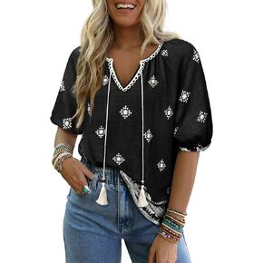 Vivilli Womens Summer Boho Tops Casual v الرقبة القصيرة الأكمام البلوز in Kuwait