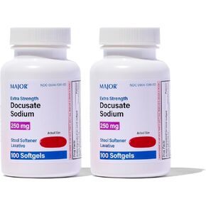 Docusate Major Sodium 250 Mg - Extra Strown Stool Lovener Laxative Softgels لتخفيف الإمساك - مطهرات البراز اللطيفة للنساء والرجال والأطفال الذين تتراوح أعمارهم بين 12+ - 100 ناعمة (2 عبوة)
