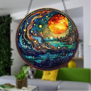 The Moon and Stars Window Acrylic Window ، Mountains Lake Bake Contined Acrylic Window Decoring معلق الحلي الداخلية في الهواء الطلق حديقة فنية ملون هدية للنساء عيد الشكر