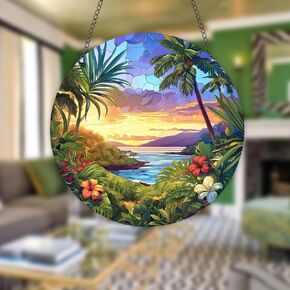 Junwall Mountain Landscape Painting Acrylic Window Hanging ، Plants Lake Contined Window Window Decor