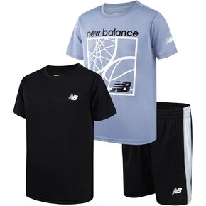 New Balance Boys' Athletic Shorts Set - 3 Piece Performance Jersey Short Sleeve Shirts and Basketball Shorts (Sizes: 8-12), Size 12, Dusk Black