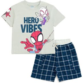 Marvel Spidey and His Amazing Friends T-Shirt and Plaid Shorts Outfit Set Toddler to Big Kid Sizes (2T - 10-12)