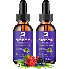 Elderberry Syrup | Organic Quercetin Black Elderberry Liquid Drops for Kids & Adults | Sambucus Elderberry Extract with Vitamin C, D3, Zinc | Vegan, Gluten Free, 2 Pack