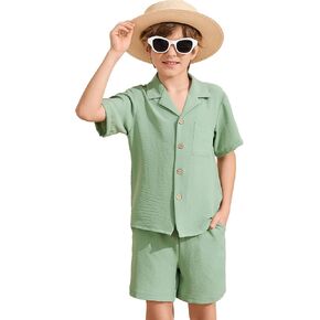 Flygo Boys Summer 2 Piece Beach Outfits Casual Short Sleeve Button Down Shirts and Shorts Vacation Outfit Textured Sets