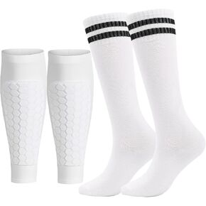 1 Pair Soccer Shin Guards and 1 Pair Long Soccer Socks Set for Kids Youth Lightweight Comfortable Essential Equipment for Football Basketball
