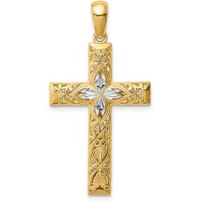 Solid 14k Yellow Gold Two Toned Diamond-Cut Cross Pendant Charm