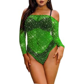 LUCKELF Women's Black Fishnet Bodysuit Sparkle Rhinestone Top Lingerie Thong Bodysuit