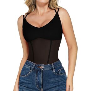 Popilush Women Mesh Shapewear Bodysuit Tummy Control Going Out Corset Tops Double Spaghetti Strap Body Suits