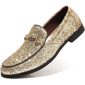 COSIDRAM Men's Glitter Dress Shoes Metallic Sequins Tuxedo Luxury Gold Buckle Loafers Slip-on Wedding Party Shoes
