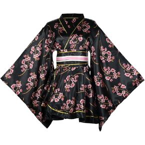 Women's Short Kimono Dress Floral Print Japanese Traditional Sexy Geisha Robe Bathrobe Skirt Belt Outfit