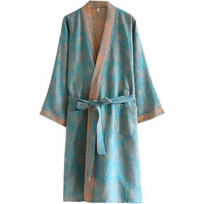 Cotton Double Gauze Traditional Hanfu Midi-length Nightdress Printing Tie-belt Bathrobe Loose Pajamas Comfortable Nightgown Sweat Steaming Yukata Sauna Suit Kimono for Women Large(Green Leaf)