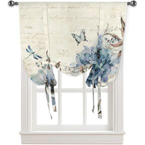 Vintage Flowers Blue Floral Rustic Style Rod Pocket Tie Up Window Shade, Adjustable Balloon Curtain Shade for Blinds Kitchen Bathroom, 1 Panel, 34"x45"