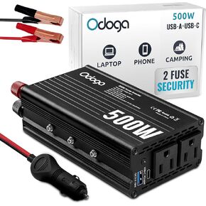 500W Car Power Inverter 12v to 110v – Car Adapter for Plug Outlet, DC to AC Converter, USB/USB-C Fast Charger for Laptop, Phone, Dual AC – for Vehicle, Pickup Truck, Roadtrip, Camping by Odoga