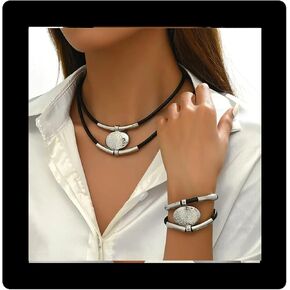 Gold Jewelry Set, Bohemian Double-Layer Black Rope With Oval Black Acrylic Pendant Necklace And Bracelet Set Vintage Trendy Golden Necklaces Bracelets For Women Gift