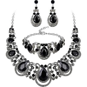 BriLove Women's Teardrop Crystal Statement Necklace Cluster Hollow Dangle Earrings Chain Bracelet Bib Jewellery Set for Wedding Bride Bridesmaid in Kuwait