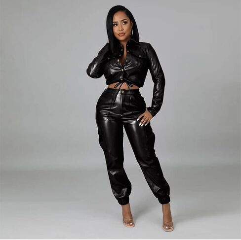 Womens PU Leather Long Sleeve Outfits Jacket Button Top with Cargo Pants Six Pockets PU Leather Sets in Saudi Arabia