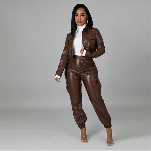Womens PU Leather Long Sleeve Outfits Jacket Button Top with Cargo Pants Six Pockets PU Leather Sets in Saudi Arabia