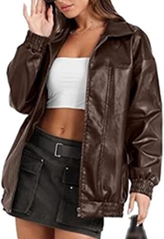 SEMATOMALA Women's Faux Leather Bomber Jacket Motorcycle Coats Oversized PU Fashion Y2K Moto Biker Coats in Saudi Arabia
