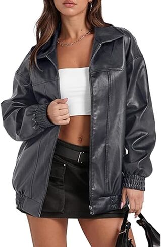 SEMATOMALA Women's Faux Leather Bomber Jacket Motorcycle Coats Oversized PU Fashion Y2K Moto Biker Coats in Saudi Arabia