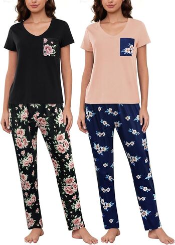 Hong Hui 2 Pack Womens Pajama مجموعات قصيرة مع Pajama Pant مجموعة Soft Sleepwear طباعة PJ مجموعات S-XXXL in Kuwait