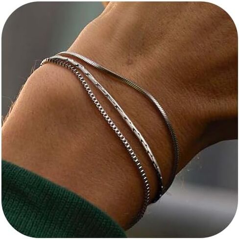 Men's Silver Bracelet Set: 3 PCS Tiny Snake Chain Link Bracelets Non Tarnish Stainless Steel Jewelry for Men Women 6.5/7/7.5/8/8.8/9 Inch Cool Silver Stack Bracelet Gifts for Boyfriend or Dad in Saudi Arabia