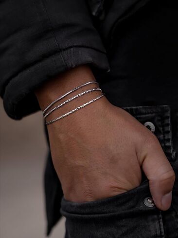 Men's Silver Bracelet Set: 3 PCS Tiny Snake Chain Link Bracelets Non Tarnish Stainless Steel Jewelry for Men Women 6.5/7/7.5/8/8.8/9 Inch Cool Silver Stack Bracelet Gifts for Boyfriend or Dad in Saudi Arabia