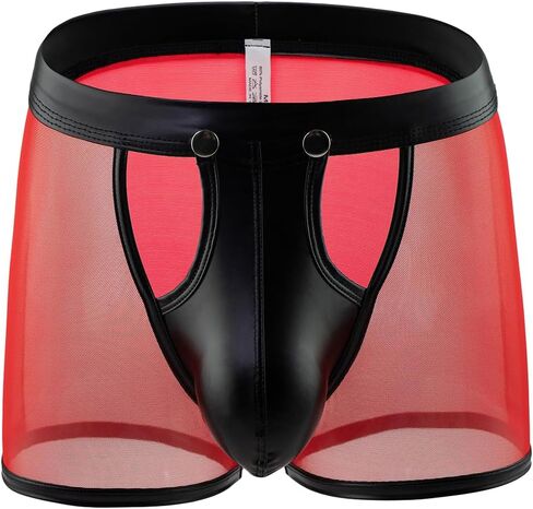 Men's Boxer Briefs Mesh Faux Leather Patchwork Underwear Panties Shorts in Saudi Arabia