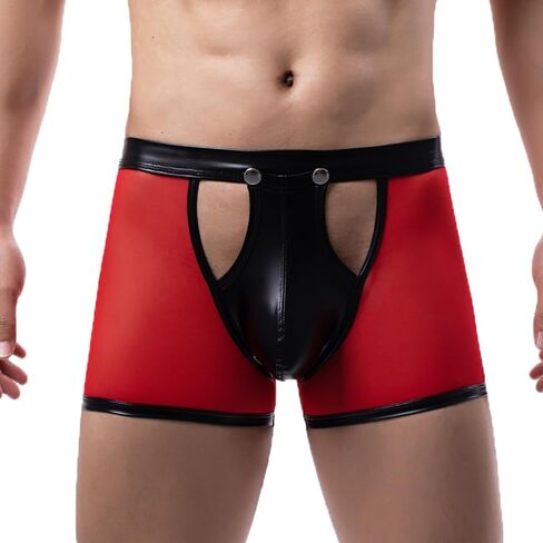 Men's Boxer Briefs Mesh Faux Leather Patchwork Underwear Panties Shorts in Saudi Arabia