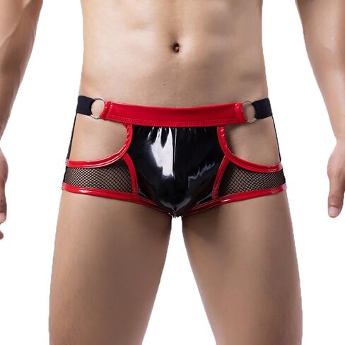 Men's Boxer Briefs Mesh Faux Leather Patchwork Underwear Panties Shorts in Kuwait