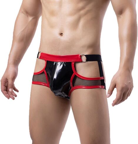 Men's Boxer Briefs Mesh Faux Leather Patchwork Underwear Panties Shorts in Kuwait