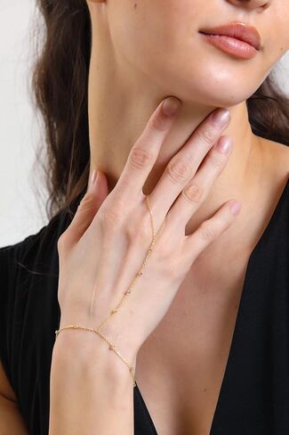 14k Solid Gold Bracelet Ring Hand Chain - Adjustable Finger Chain Bracelet Gold | Dainty Charm Hand Jewelry for Women | Mothers Day Gifts for Her | 7'' to 8 in Kuwait